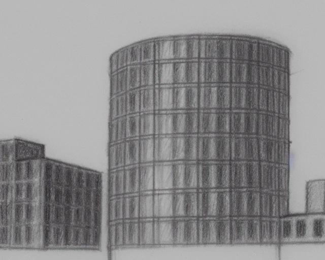 13642-2179818354-a realistic pencil sketch  of a cylindrical building surrounded by smaller buildings 8k.webp